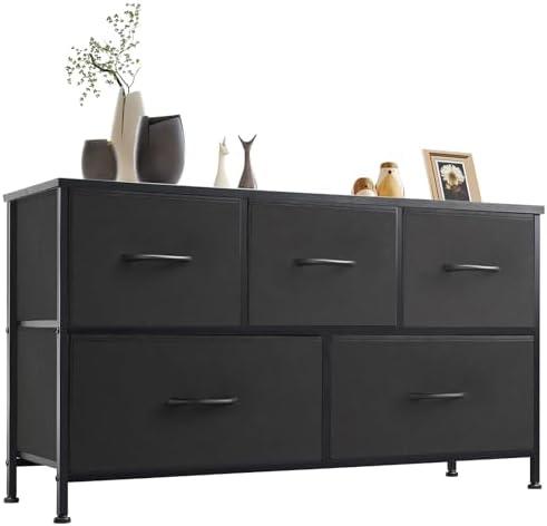 WLIVE Dresser for Bedroom with 5 Drawers, Wide Chest of Drawers, Fabric Dresser, Storage Organizer Unit with Fabric Bins for Closet, Living Room, Hallway, Charcoal Black