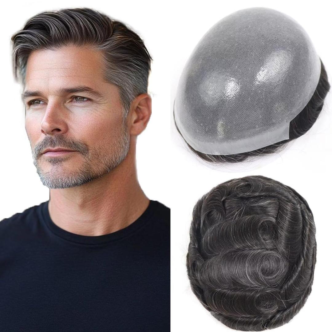 HAPPY&CC Toupee for Man Thin Skin PU Men's Hairpiece European Virgin Human Hair Replacement System Pieces Male Hair Prosthesis Unit for Men with 10% Synthetic Gray 10x8inch