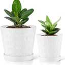 BUYMAX Ceramic Pots for Plants, 5+6 Inch Ceramic Planters with Drainage Hole and Saucer,Indoor Pots for Plants Set of 2 (White)