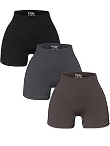 OQQ Women's 3 Piece Yoga Ribbed Seamless Workout High Waist Athletic Legging Shorts, Black Grey Tea Leaf, Large