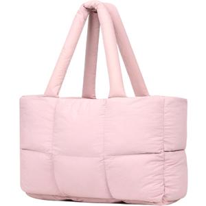 Quilted Puffer Tote Bag for Women Soft Puffy Handbags Purse Soft Lightweight Shoulder Bag (Pink)