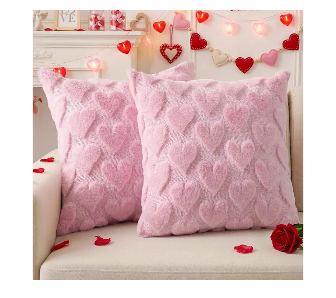Valentines Pillow Covers 18x18 Inch Set of 2, Valentines Day Decorations Pink Soft Plush Faux Fur Jacquard Heart Throw Pillow Covers for Couch Sofa Home Office Living Room Bedroom Decor (Pink)