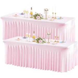 Wish Care 2 Pack Pink Spandex Table Clothes for 8 Foot Rectangle Tables, 8FT Wrinkle Free Fitted Tablecloths Ruffles Design Table Cover for Party, Banquet, Wedding and Events