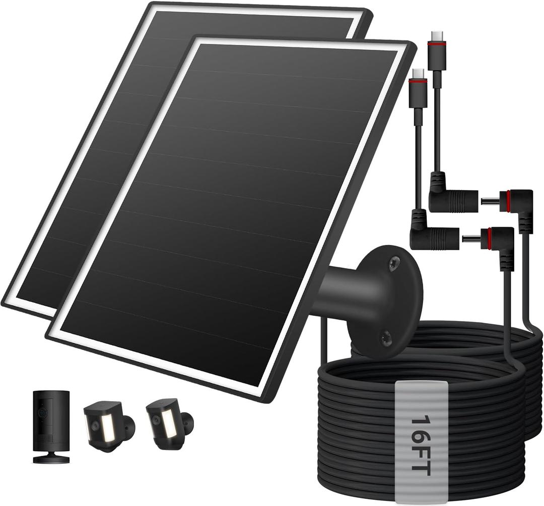 2 Pack Solar Panel for Ring Camera, 6W Solar Charger with USB-C & Barrel Plug for Ring Stick Up Cam Plus/Pro & Spotlight Cam Battery Series, Waterproof, 16ft Cable (Black)