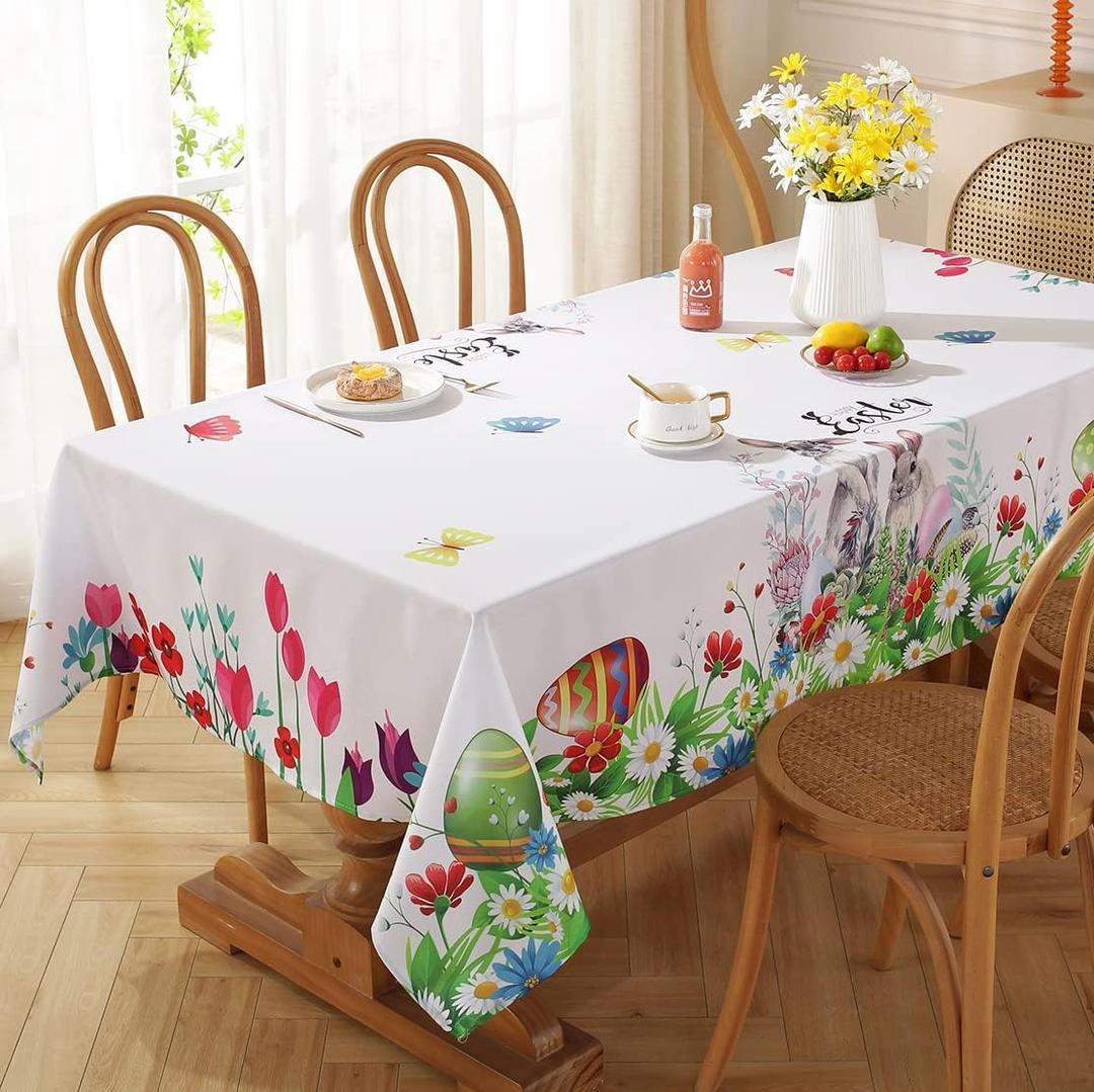 Easter Tablecloth for Rectangle Tables, Washable Spring Table Cover Printed with Colorful Easter Eggs and Cute Bunnies for Dinner Table, Indoor Outdoor Party Decoration (Rectangle, 52" x 70")