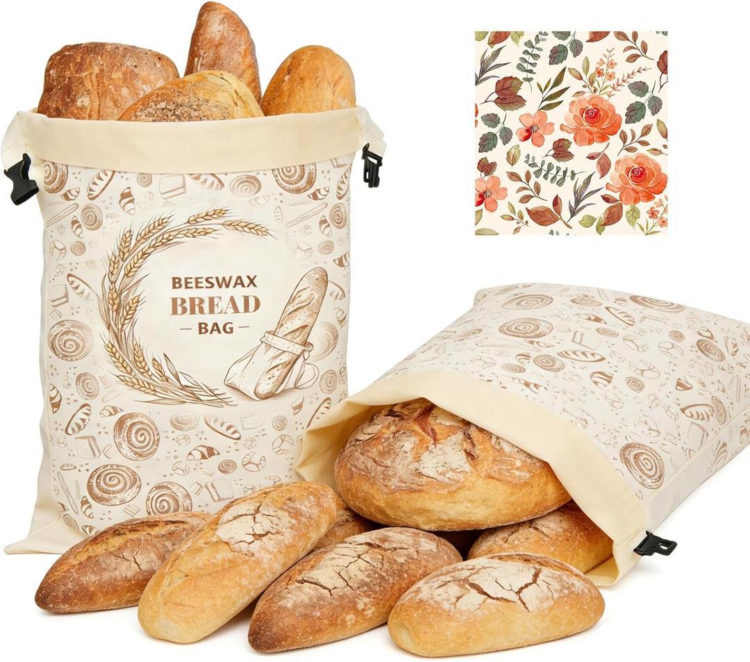 2 Pack Reusable Beeswax Bread Bags for Sourdough Homemade Bread, 17x13-Inch Cotton Storage Bags with Lock Closure, Fresh-Keeping for Fridge, Freezer & Daily Use(2 pack bread bag and 1 wraps)