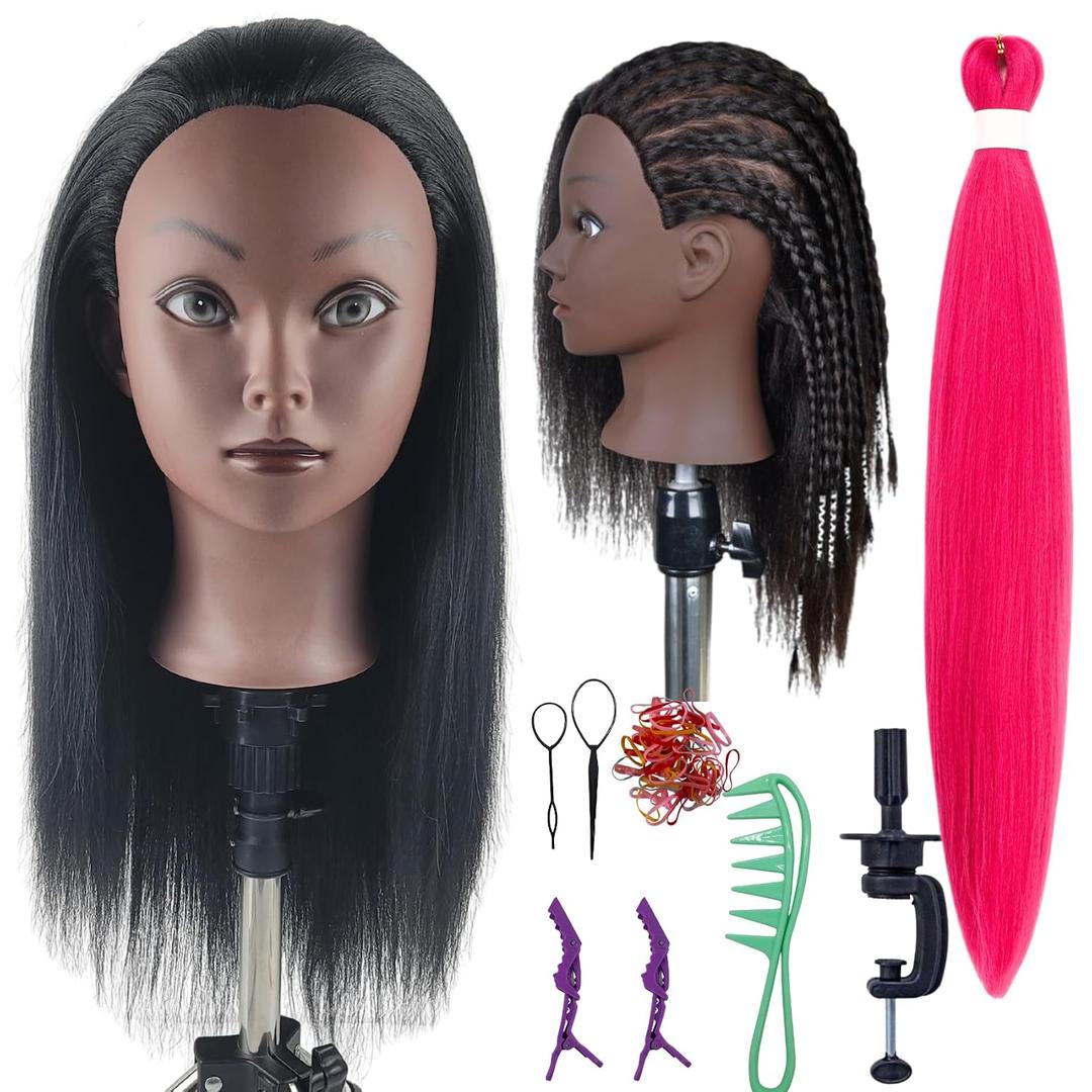 Practice Hair Mannequin Head for Braiding Hairstyling,Yaki Texture Black Head Mannequin with Hair for Kids