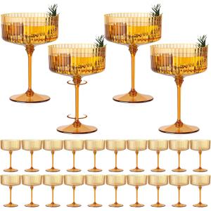 24 PCS Ribbed Coupe Glasses Amber Plastic Champagne Coupe Cup 10oz Detachable Gold Rim Espresso Martini Glass Vintage Margarita Glassware Cocktail Glass Disposable for Thanksgiving Wedding