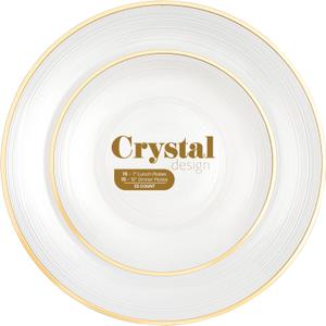 PLASTICPRO 32 Pieces Crystal Design Plastic Plates Combo Pack 7 inch and 10 inch Gold Rim Elegant Disposable Plates, Pearl White