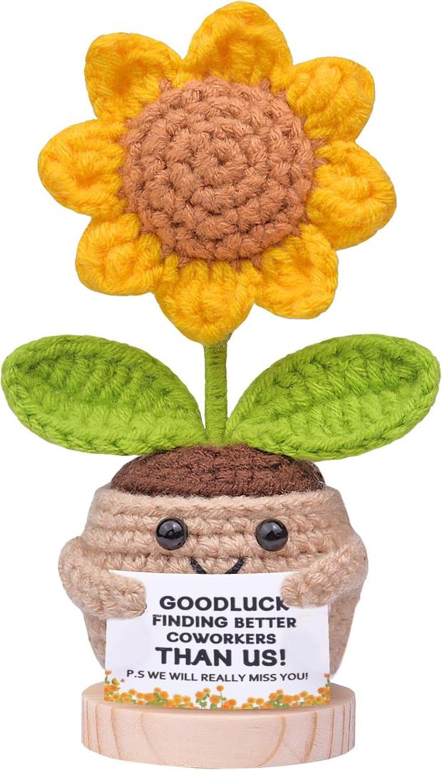 Funny Positive Crochet Sunflower, Wool Knitting Sunflower Plant Thank You Gift with Card, Coworker Appreciation Gift for Coworker Friend (Good Lucky)
