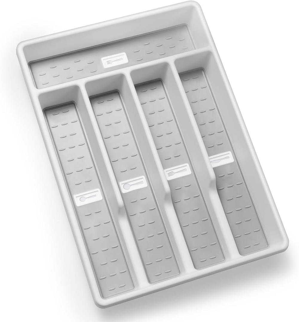 Silverware Organizer with IconsPlastic Cutlery silverware Tray for DrawerUtensil Flatware Tableware Organizer for Kitchen with Non-slip TPR,Fits Standard Drawer,5-CompartmentGrey