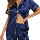 Ekouaer Silk Pajamas for Women Short Sleeve Sleepwear Soft Button Down Loungewear 2 Piece Satin Pjs Shorts Set (Large, Navy)