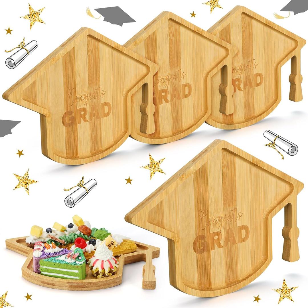 GlikCeil 4 Pcs 2026 Graduation Charcuterie Wooden Tray Reusable Serving Trays Fillable Food Serving Dishes for Cake Candy Chocolate Cheese Grad Party Anniversary Decoration(Graduation Cap)
