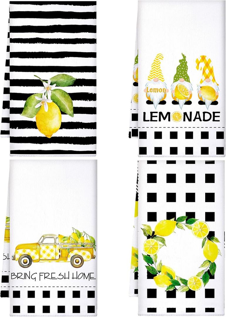 Bencailor 4 Pcs Lemon Kitchen Towels Lemonade Dish Towels Gnome Black and White Decorative Hand Tea Dishcloths with Hanging Loop for Home Housewarming Gift Kitchen Decor Accessories (Golden)