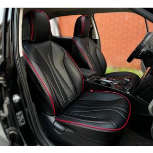 PINCTROT Car Seat Covers Front Set, Breathable Soft Pebbled Leather, Luxury Waterproof Seat Cushion, Airbag Compatible, Seat Protector Universal Fit Most Cars (Front Set, Black Red Trim)