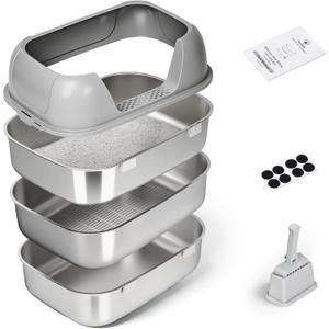 Triple Pan Stainless Steel Sifting Cat Litter Box, Large High Sided Metal Litter Box for Big Cats up to 20lbs, Odor-Free Non-Stick Easy Clean System, No Scooping Sifter Tray for Multi-Cat Homes