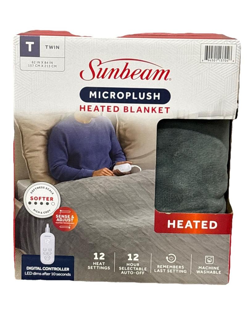 Sunbeam, Microplush, Heated Blanket, Twin, Gray, 62" x 84", 12 Settings