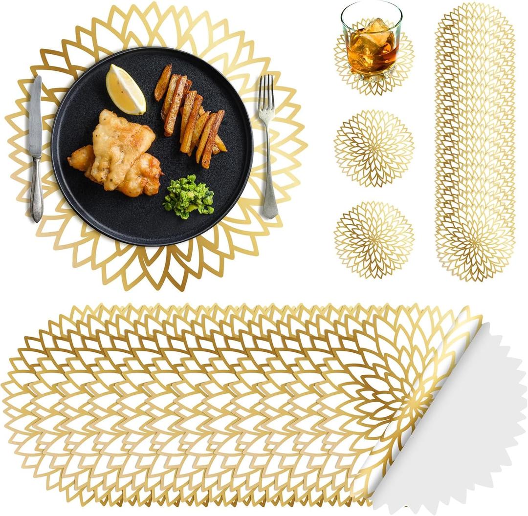 Geosar 200 Disposable Paper Placemats and Coasters Set Summer Hawaiian Luau Placemat with Coasters Outdoor Indoor for Greenery Jungle Dining Table Decoration Shower Birthday(Gold Round)