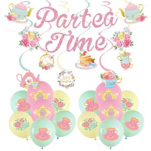 Tea Party Balloons, Tea for Two Party Decorations with Floral Banner Pastel Balloons & Hanging Swirls, Spring Tea Party Lets Partea Decor for Mother's Day Baby Shower Birthday