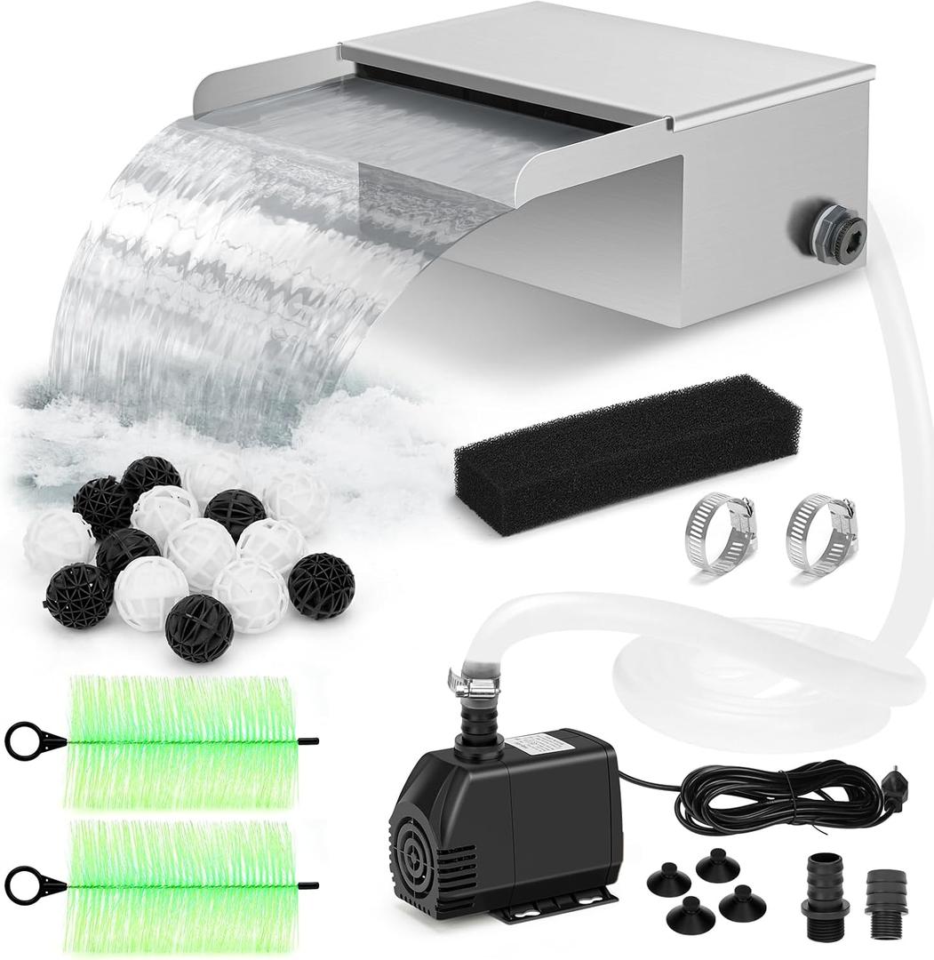 Pond Waterfall Spillway Kit with Filter Media & 800 GPH Pump, 304 Stainless Steel Waterfall Box, 9.8FT Hose, Complete Pond Kit for Outdoor Ponds, Koi Ponds, Fountain (11.8"L x 12"W x 5.1"H)