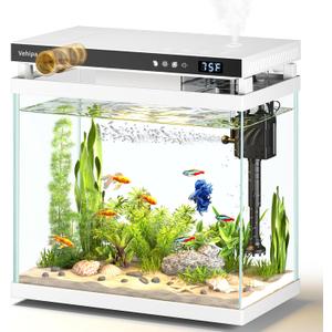 Vehipa Fish Tank Aquarium, 2.2 Gallon Smart Fish Aquarium Kits with Auto Feeder, Silent Water Pump, Temperature Display, Smart Humidifier & 7-Color Lighting, for Office & Home - White