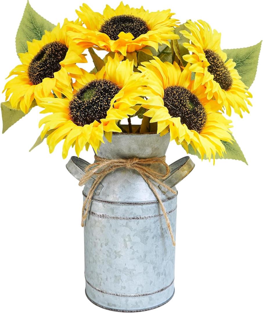 Winlyn Artificial Sunflowers in Rustic Galvanized Metal Milk Vase 12" Tall Farmhouse Centerpiece Yellow Silk Sunflower Stems Floral Arrangements for Country Fall Wedding Home Kitchen Table Dcor