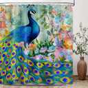 Puuiui Peacock Shower Curtain Feather Asian Chinoiserie Watercolor Floral Art Bathroom Decor, Waterproof Cloth Fabric with Hooks 70x84 inch