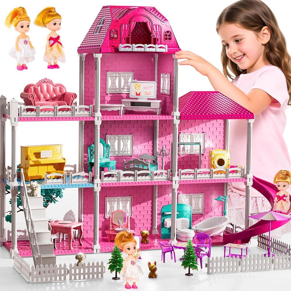 Villa Playset for Girls Ages 3-7, Indoor Playset Girls Toys with 3 Storeys 7 Rooms 2 Dolls for Ages 6-8, Furniture and Accessories, Pretend Toddler Toy, Birthday Gifts for Kids 3 4 5 6 7 8