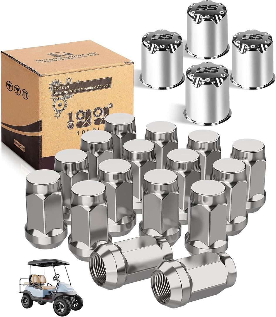 10L0L Chrome Golf Cart Center Caps & Wheel Lug Nuts Kit, 4 PCS ITP SS Wheel Center Hub Caps (Outer Diameter 2.73''/4 PCS) and 16 PCS Wheel Lug Nuts (Thread Size 1/2") for Most EZGO Club Car