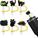 Cat Straw Cover Cap for Halloween Stanley Cup - 5PCs Cute Black Cat Straw Toppers for 30 40 Oz Tumbler with Handle Silicone Straw Tips Accessories for 10mm Straws