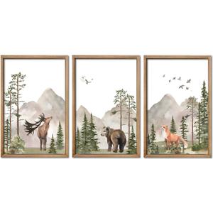 YWJKWLGS Wild Woodland Animals Nursery Wall Art Decor 16"24" Set of 3 Jungle Theme Safari Forest Deer Bear Fox Posters Wood Framed Sign for Children's Boys Girls Room Watercolor Prints Hanging (Wood)