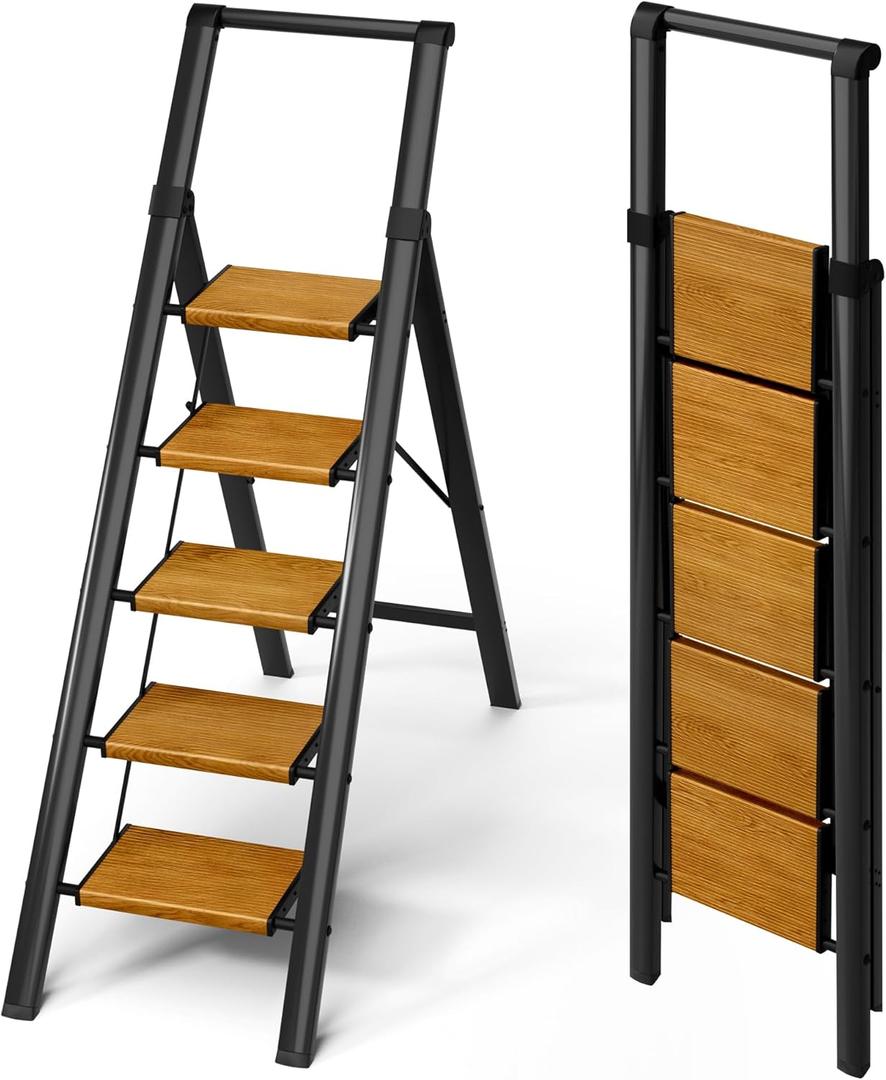 5 Step Ladder, Portable Step Ladder with Anti-Slip Wide Pedal, Aluminum Foldable Step Stool with Handrail,330lbs Capacity Stepladder for Home, Office, Library (Black Woodgrain)