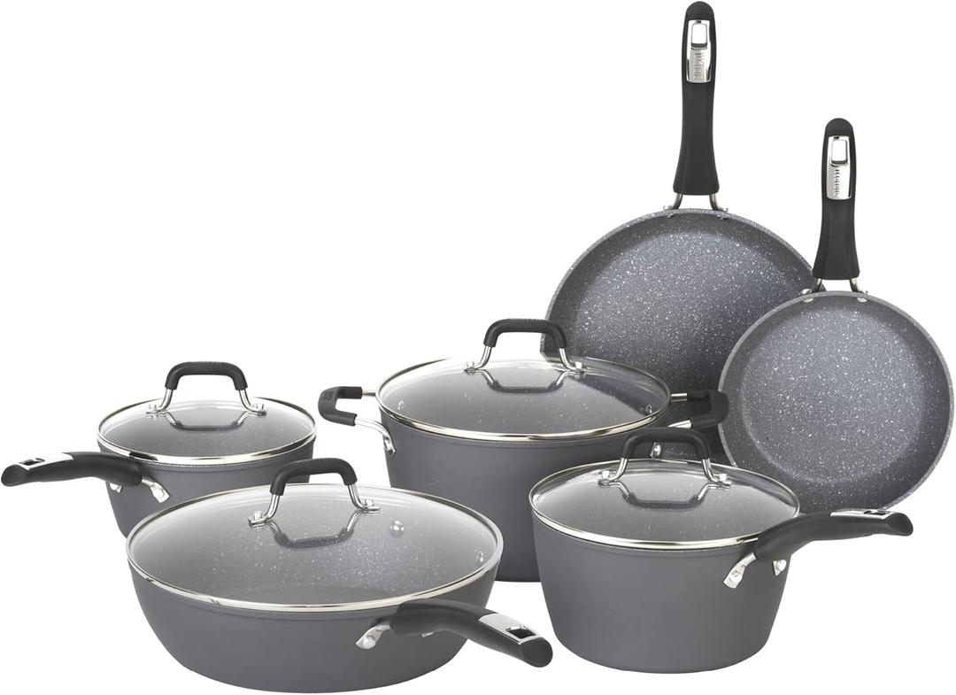 Bialetti Impact 10-Piece Textured Aluminum Cookware Set with Pots, Pans, and Dutch Oven, Nonstick Pots and Pans Set for Kitchen, Gray