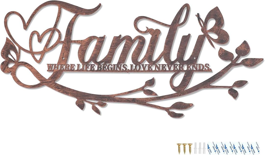 AUHOKY Family Where Life Begins Love Never Ends Word Sign Metal Wall Decor, Black Home Decor Wall Art Decorations, Letters Quotes Sign for Living Room Bedroom Kitchen Indoor Outdoor Decor(17.5 x 9in) (Retro Brown)