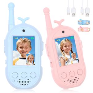 Video Walkie Talkies for Kids, 2 Pack Kids Walkie Talkies Rechargeable, Voice Changer & Sticker Effect,Long Range Toys for Family Games, Outdoor Camping, Gifts for Boys and Girls Ages 3-12 (BLue+Pink)