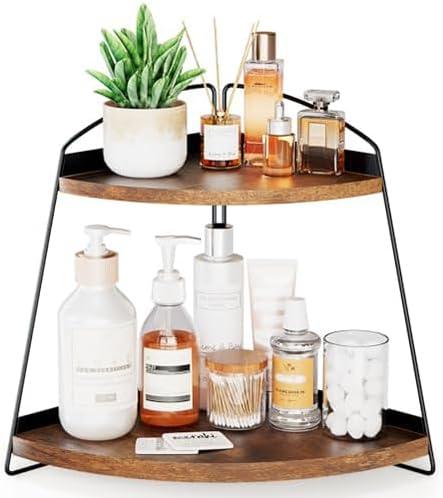 Puricon 2 Tier Corner Countertop Storage Shelf Organizer, Triangle Bathroom Sink Organizer - Wood, Brown