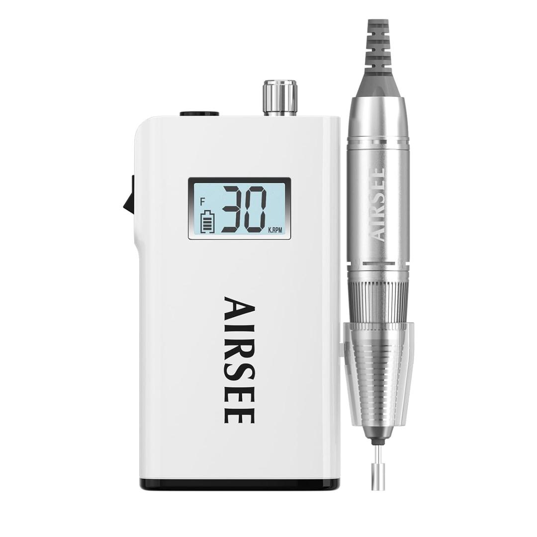 AIRSEE Rechargeable 30000RPM Electric Nail Drill Professional Portable E File Machine for Acrylic Nail Natural Extension Gel Nails Polish Cuticle, Cordless High Speed for Salon Home Use E8 White