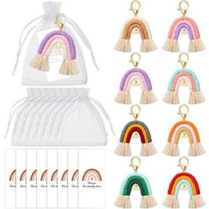 Nosiny Mini Rainbow Macrame Keychains Rainbow Party Favors Organza Bags Thank You Tags for Birthday Bridal Baby Shower Wedding Guest Gifts Bohemian Hippie Party Supplies (8 Set)