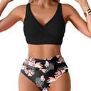Tainehs Women's Two Piece Bikini Sets V Neck Push Up Swimsuit High Waisted Tummy Control Bathing Suit (X-Large, Black Floral)