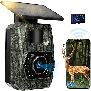 MAXDONE Solar Trail Camera WiFi Bluetooth  64MP 4K Game Camera with 5200mAh Rechargeable Battery, 0.1s Trigger 65ft Night Vision, IP66 Waterproof Trail Cam with 32GB TF Card for Outdoor Backyard