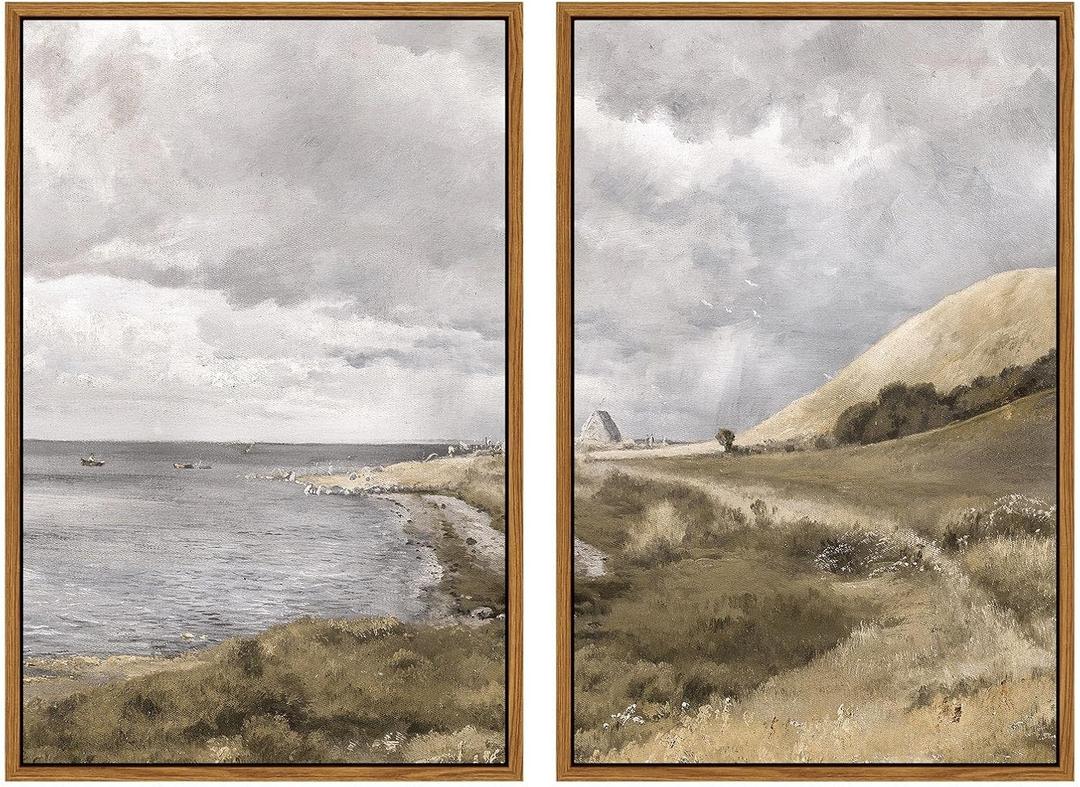 InSimSea 2 Pcs Framed Wall Art Vintage Coastal Decor, Summer Scenery Pictures Above Bed, Canvas Prints, Living Room, Bedroom, Office Retro Farmhouse Earthy Decor, 16x24inch, Set of 2