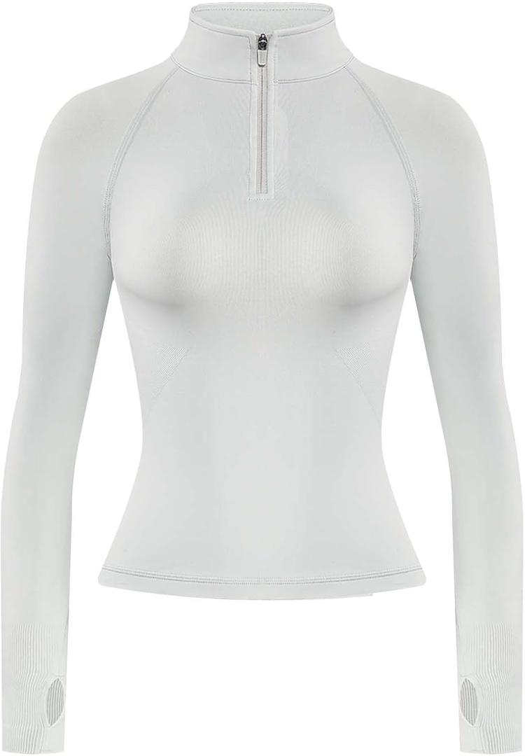 AUROLA Influence Workout Jacket for Women, Half Zip Cropped Slim Fit Long Sleeve Yoga Jackets Athletic Top with Thumb Holes (Medium, Glacier Gray)