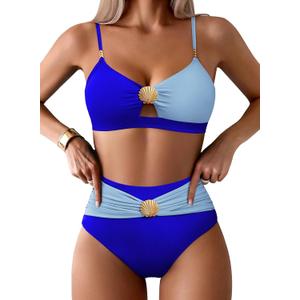 Pink Queen Women's 2 Piece Bikini Set 2026 Seashell Cutout Swimsuit High Waist Tummy Control Summer Beach Swim Bathing Suits (Blue, L)
