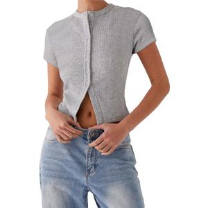 QINSEN Women's Crewneck Short Sleeve T Shirts Ribbed Button Going Out Trendy Tops, Size M