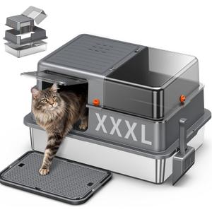 XXXL Stainless Steel Litter Box with Lid28.3" L x 20.2" W x 17.3" H Extra Large Enclosed High Sided Metal Cat Litter Box for Large Cat and Multiple Cats,Non-Sticky, Anti-Leakage, Easy to Clean