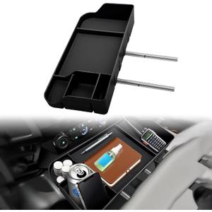 Upgraded Front Center Console Organizer Fit Super Duty Accessories- Jump Seat Headrest Replacement with Cup Holder Tray (Black)