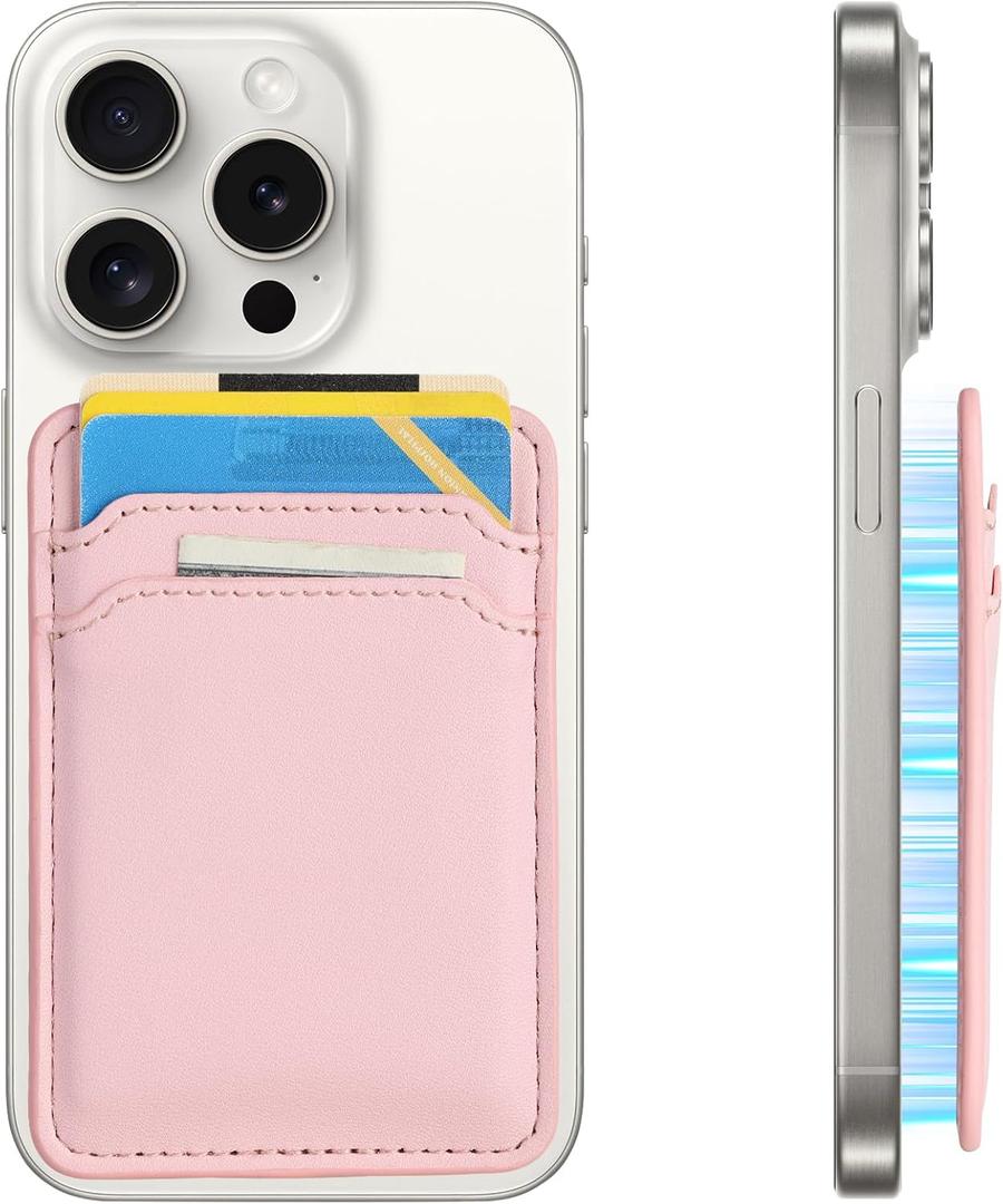 MagSafe Compatible Phone Case Wallet, Slim Pink Faux Leather Magnetic Card Holder for iPhone 12/13/14/15 Series, 5 Card Slots, RFID Blocking