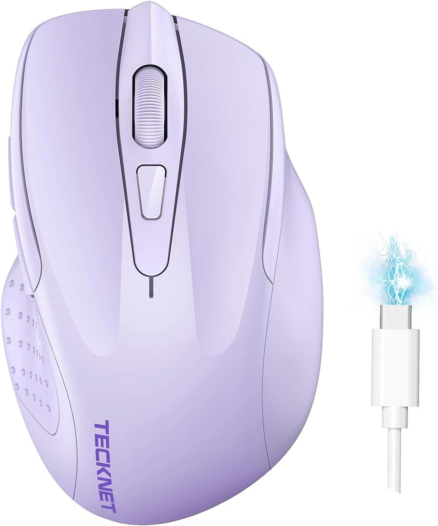TECKNET Wireless Mouse (BT5.0/3.0 & 2.4G) Rechargeable 4800 DPI Silent USB A & Bluetooth Mouse 6 Buttons, Wide Compatibility - Lavender