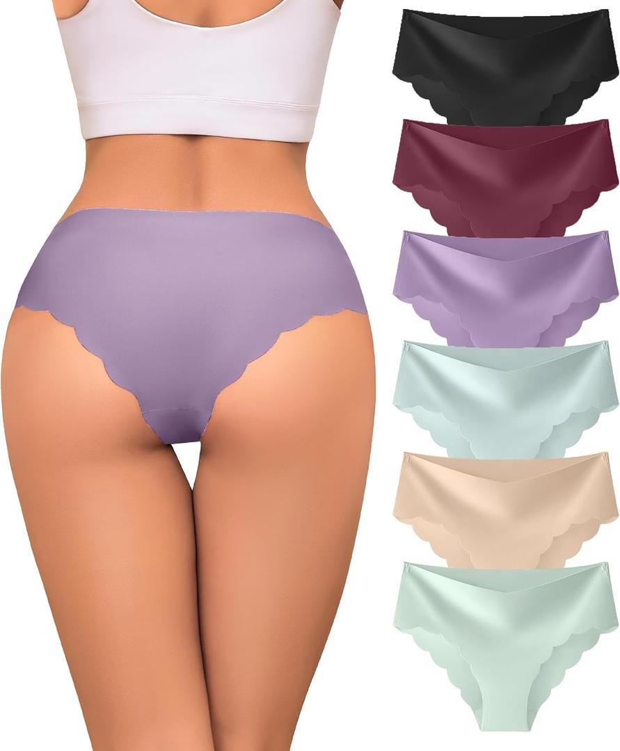 Sexy Seamless Underwear Wave Edge No Show Bikini Panties V-waist Ice Silk Hipster Lady Cheeky Invisibles Briefs 6 Pack (XL)