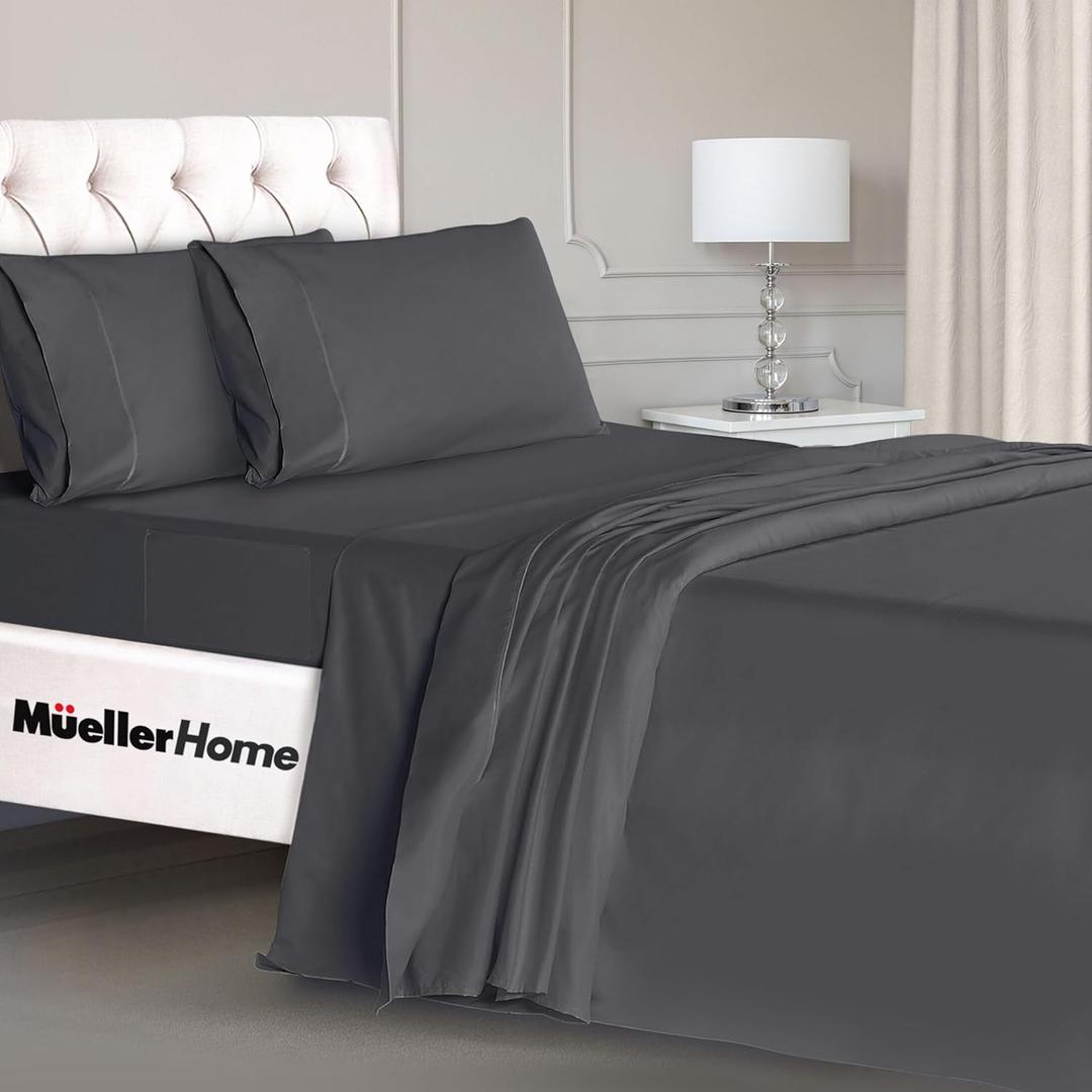 Mueller Luxury 4 Piece Twin XL Sheet Sets - Ultra-Soft 1800 Series, Cooling & Breathable Twin XL Bed Sheets, Hotel Quality Bedding, Deep Pocket up to 16" - Hypoallergenic, Wrinkle-Resistant, Dark Grey